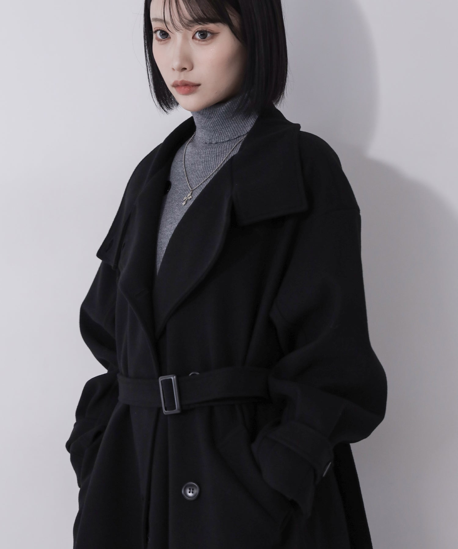 【 ウエストマークベルトSET 】2WAY スタンドカラーレディメルトントレンチロングコート / 2WAY stand collar lady melton trench long coat