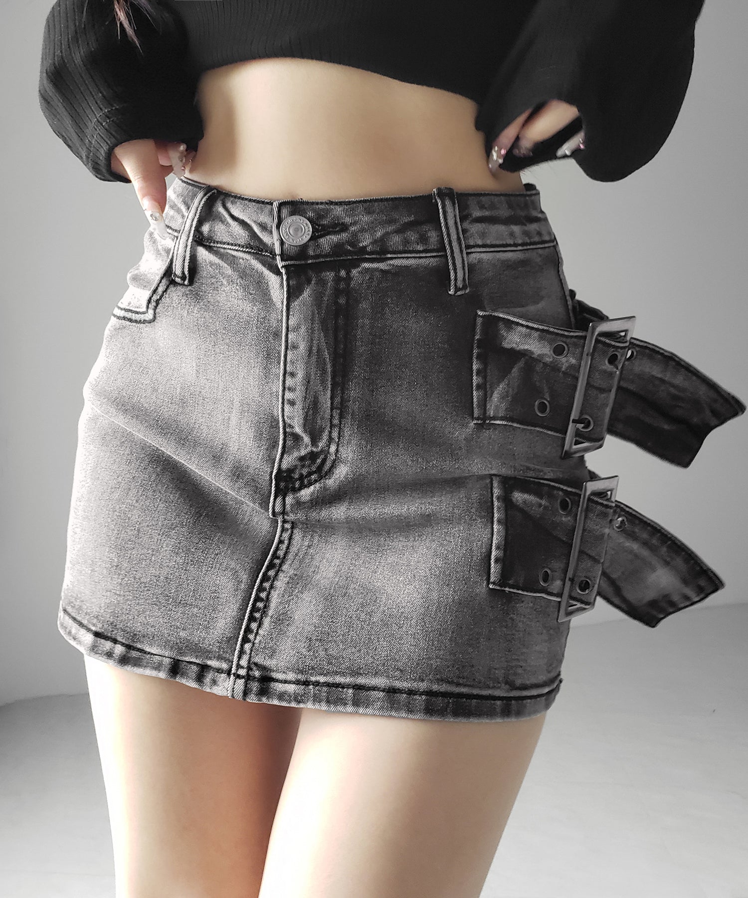 【 インパン裏地付 】ダブルハトメベルトヴィンテージデニムミニスカート / Double eyelet belt vintage denim mini skirt