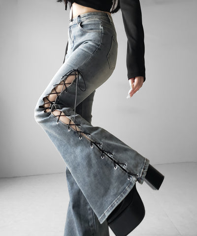 レースアップカットアウトストレッチフレアデニム / lace up cutout stretch flare denim