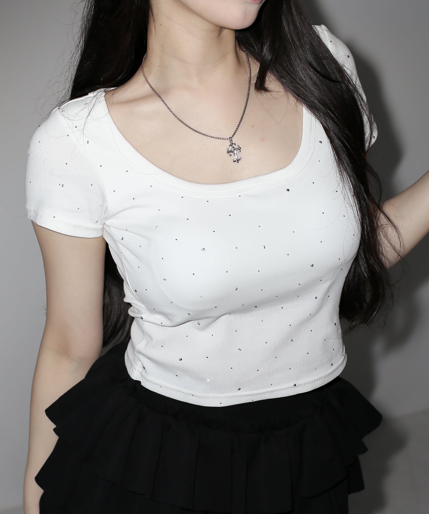 ラインストーンスクエアネックタイトTシャツ /Rhinestone square neck tight T-shirt