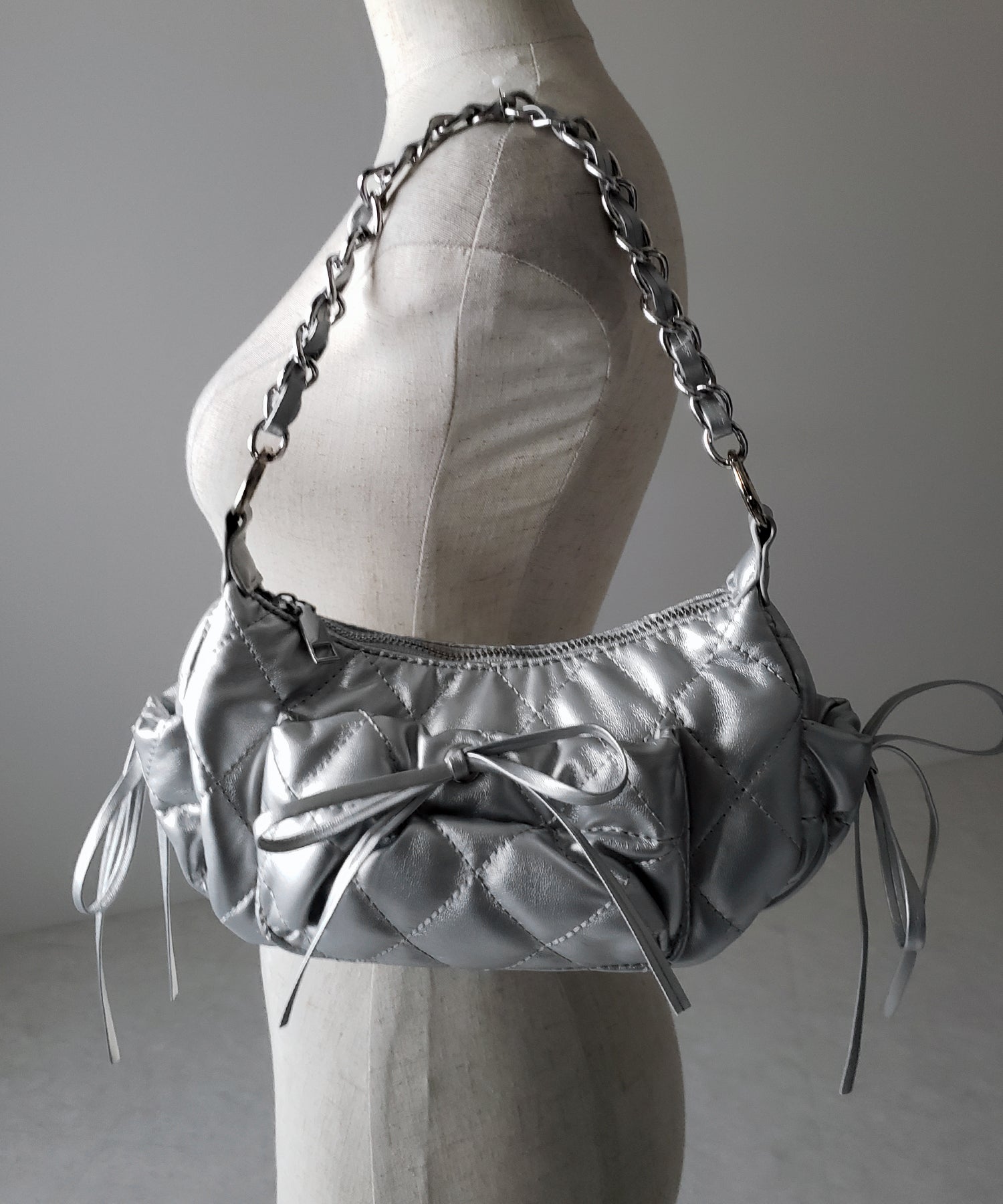 【 3color /2WAY 】ストラップリボンキルティングチェーンショルダーバッグ / strap ribbon quilted chain shoulder bag