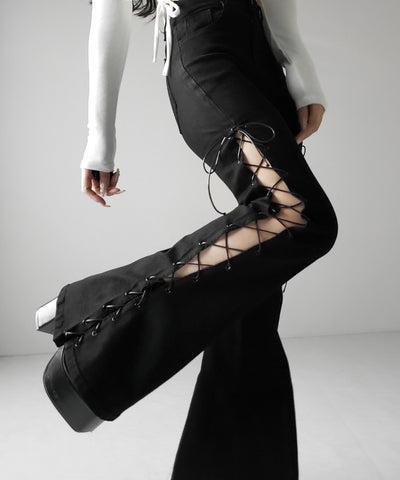 レースアップカットアウトストレッチフレアデニム / lace up cutout stretch flare denim