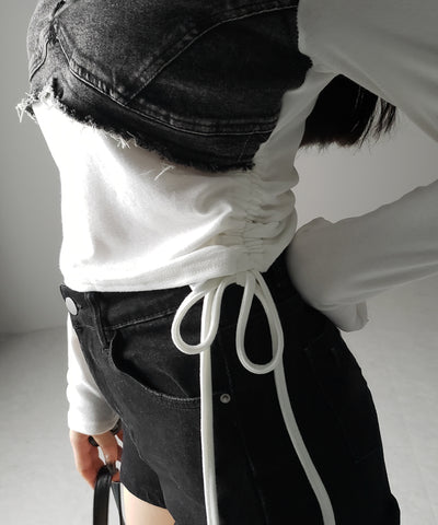 サイドリボンダメージデニムドッキングTシャツ / side ribbon damage denim docking Tee