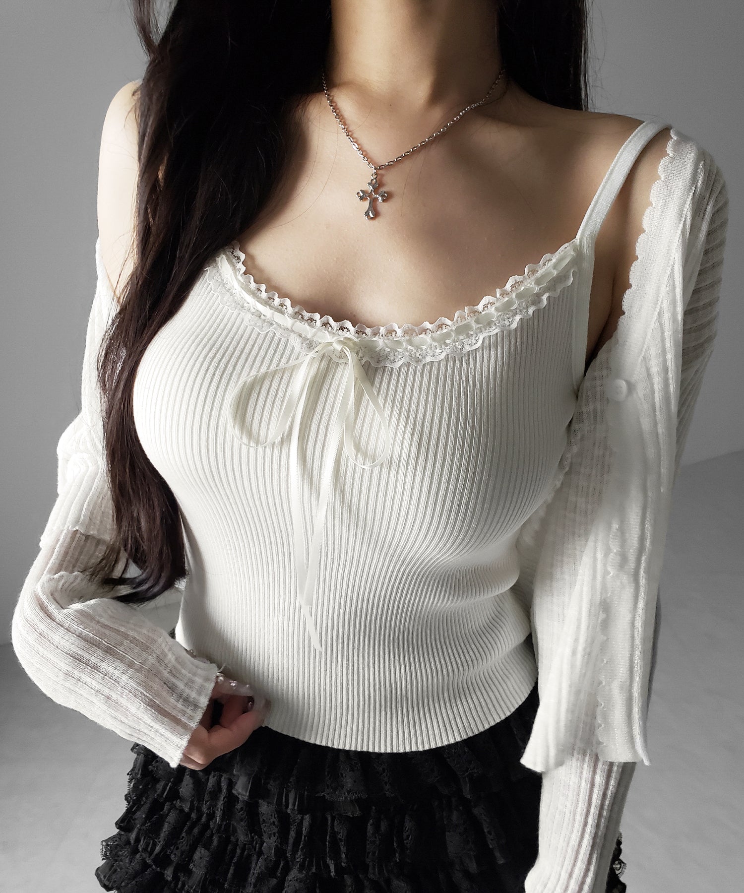 【 2点セット 】レースリボンニットキャミソール + シアーリブニットカーディガン / lace ribbon knit camisole + sheer lib knit cardigan