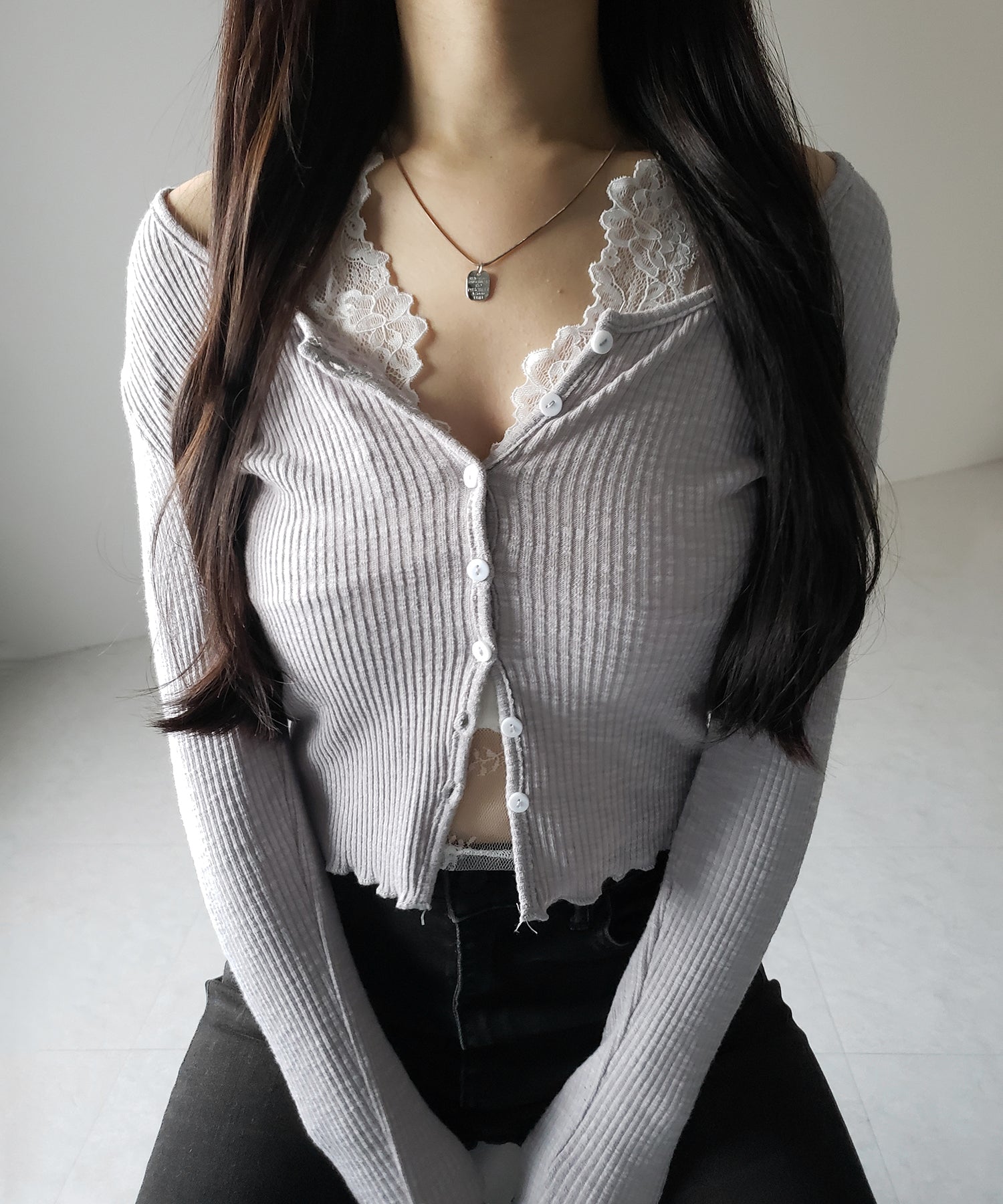 【 2点セット 】レイヤードレースシアーリブカットソーカーディガン / layered lace sheer rib cut and sew cardigan