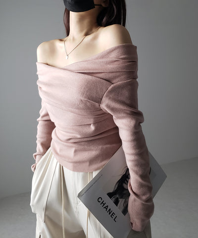 タックデザインドレープオフショルダーリブニット