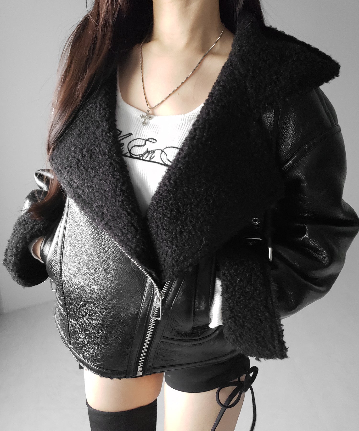 ヴィンテージレザーフーディボアムートンジャケット / vintage leather hoodie boa mouton jacket