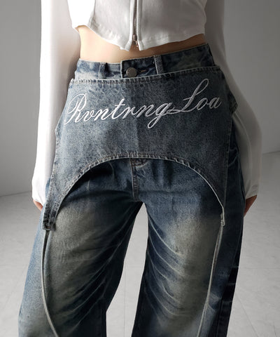 【 2WAY 】レタリングロゴ刺繍ガーターヴィンテージワイドデニム / lettering logo embroidery garter vintage wide denim