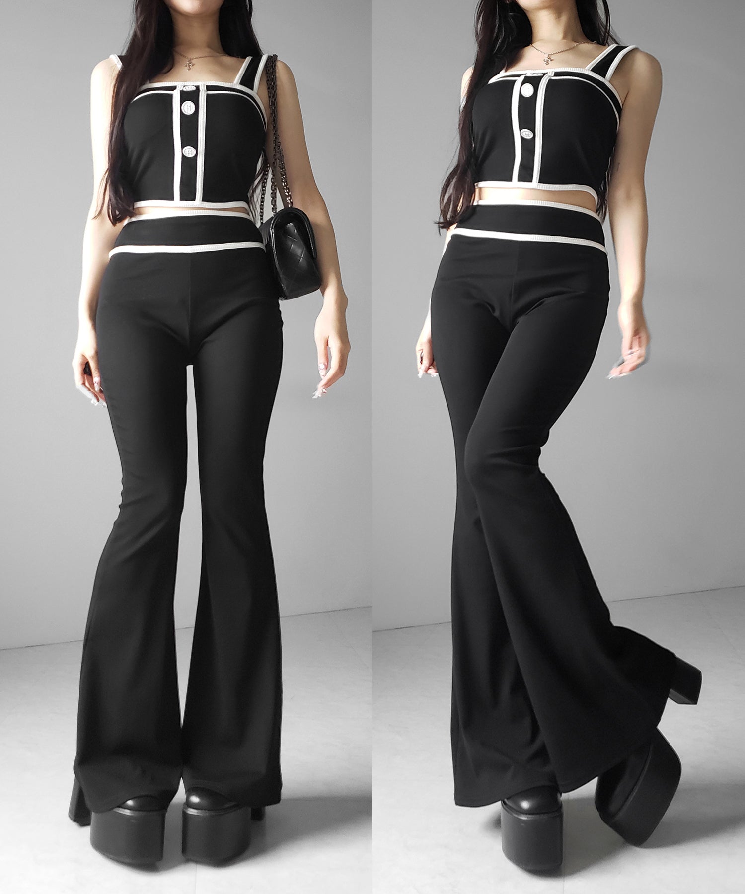 【 セットアップ】フロントボタンパイピングビスチェ+ フレアパンツ SET / 【 SETUP 】front button piping buister + flare pants SET