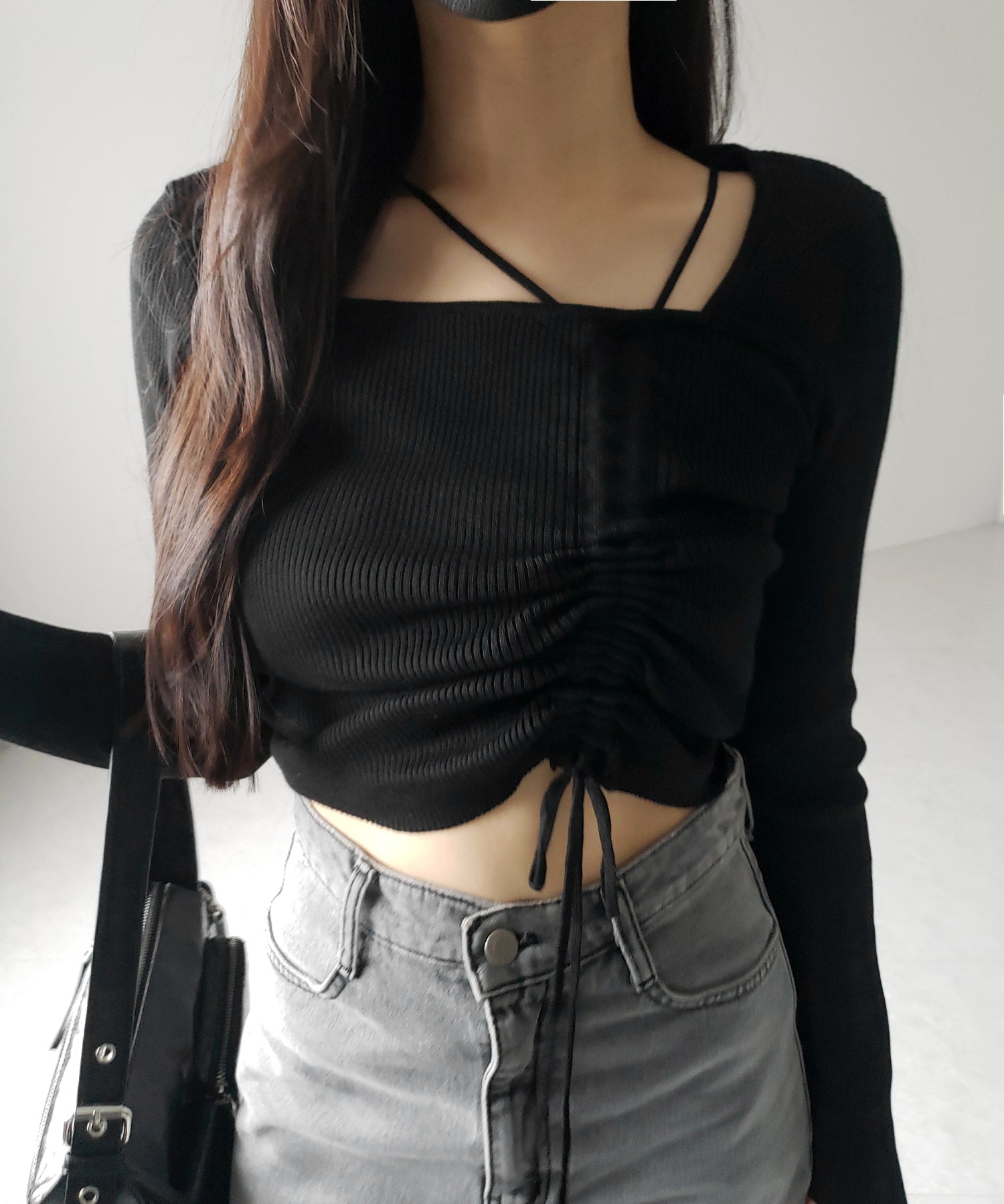 ダブルストラップシャーリングリボンリブニットトップス / double strap shirring ribbon ribbed knit tops