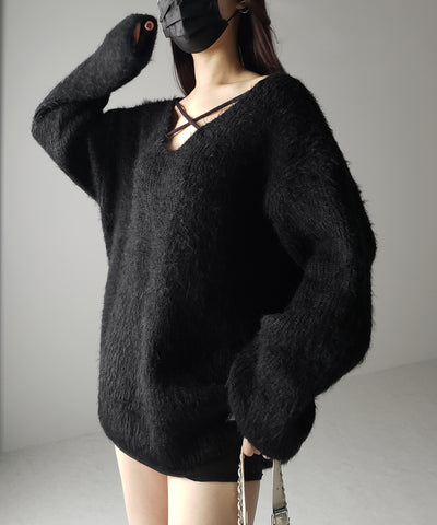 クロスストラップカットアウトルーズシャギーニット