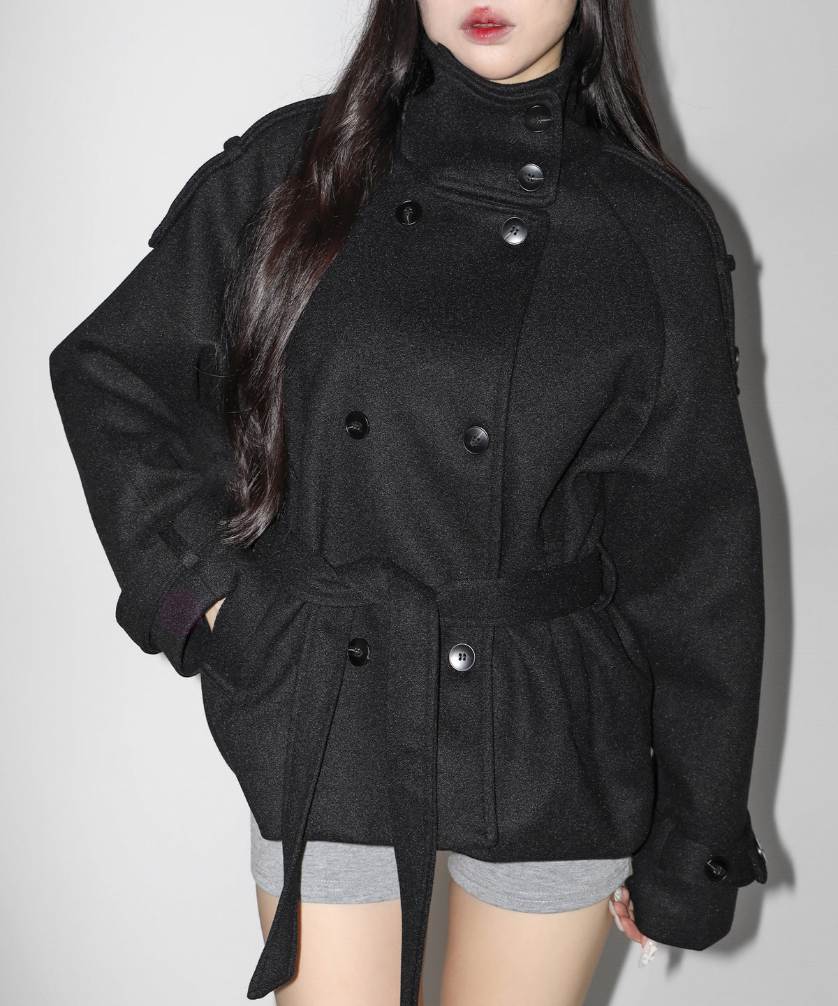 【 ウエストベルト付き 】スタンドネック ダブルブレスト ウールライクメルトンピーコート / Stand neck double-breasted wool-like melton pea coat