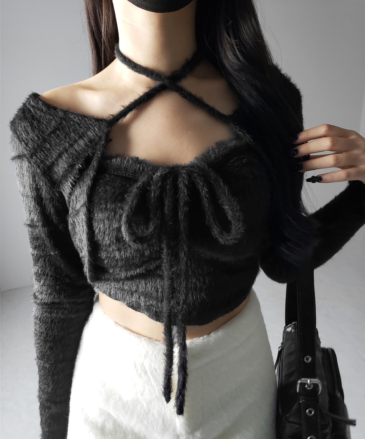 【 2点セット 】シャギーリボンベアトップス & ショートシャギーカーディガン SET / Shaggy ribbon bare tops & short shaggy cardigan