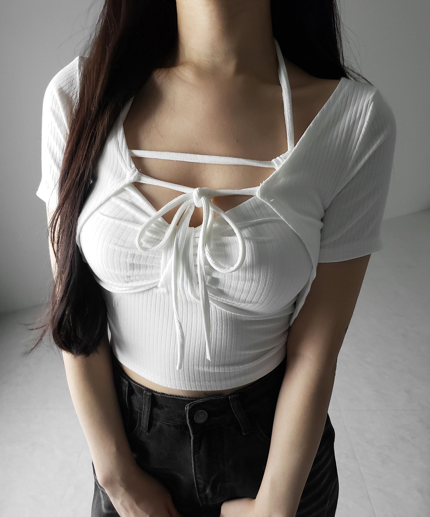 【 2点セット 】 2WAYストラップリブキャミソール + フロントリボンショートカーディガン SET / 2WAY strap lib camisole + front ribbon short cardigan