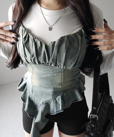 【 2点セット 】ヴィンテージデニムビスチェ & レイヤードTシャツセット / vintage denim bustier & layered T-shirts set