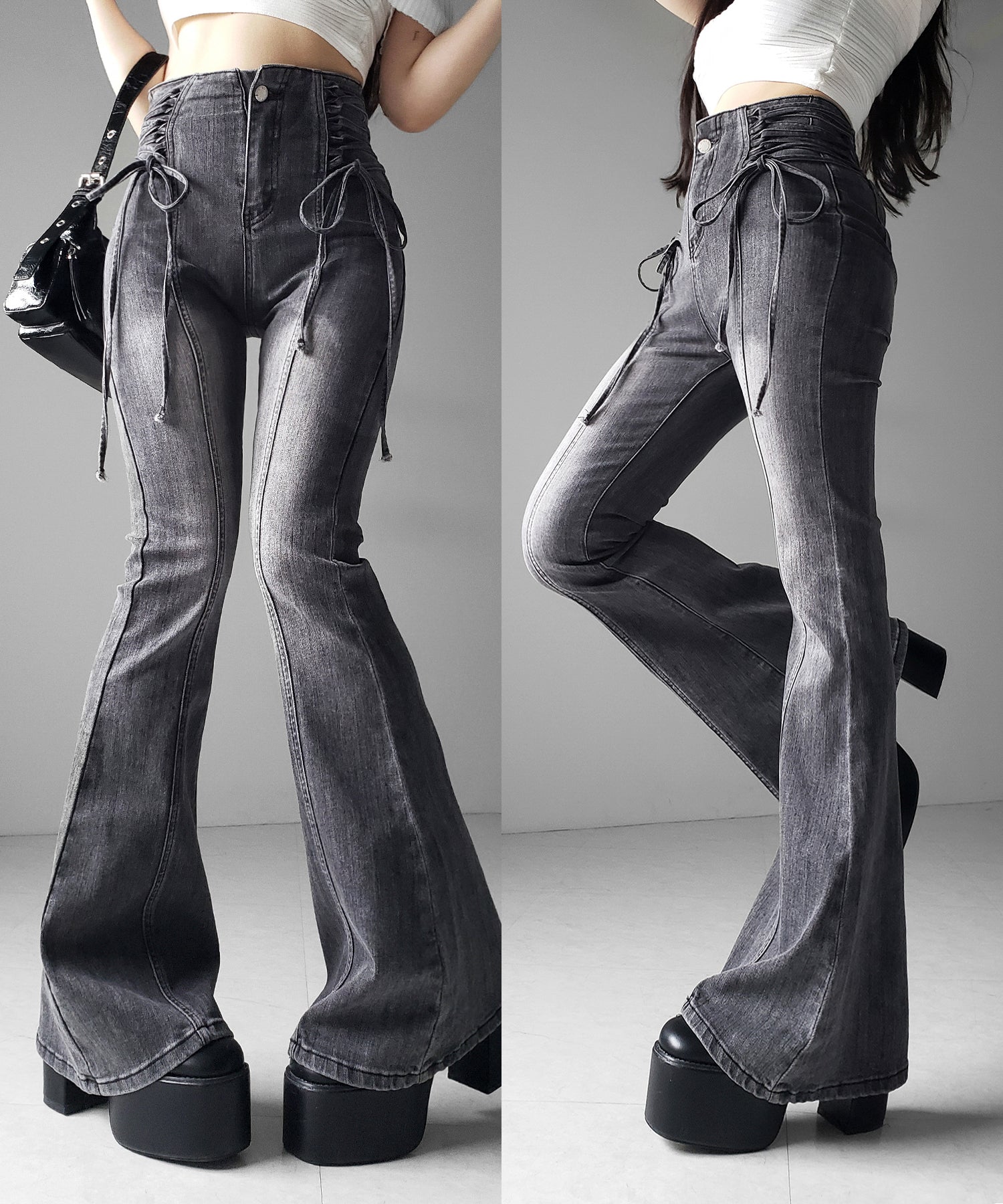 サイドレースアップリボン美脚ストレッチフレアデニム / side laceup ribbon slim leg stretch flare denim