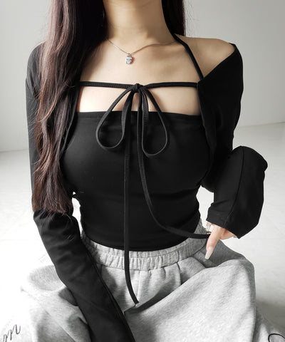 【 2点セット 】フロントリボン長袖ショートカーディガン+ ホルターキャミソール SET / front ribbon longsleeve short cardigan + halter camisole SET