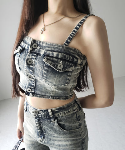 【 セットアップ 】ヴィンテージライクデニムビスチェ + ストレッチフレアデニム SET / 【 SET UP 】 vintage like denim bustier + stretch flare denim