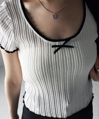 ミニリボンオープンネック半袖ニットトップス / mini ribbon open neck short sleeve knit tops