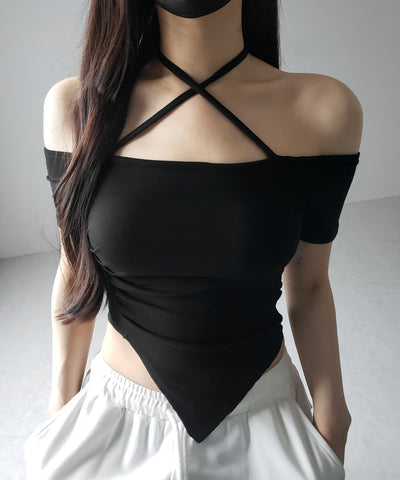 クロスネックアシメギャザーオフショルTシャツ / cross neck asymmetry gather off shoulder T-shirt