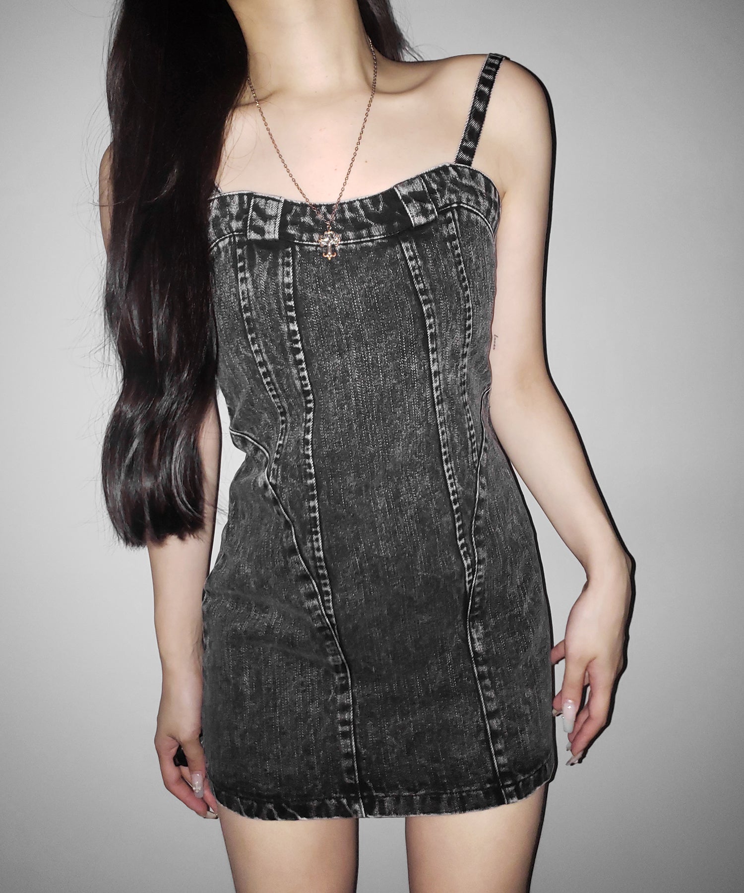 【 デニムセットアップ着用可能 】2WAYヴィンテージケミカルブリーチデニムベアミニワンピース / vintage chemical bleach denim bare mini onepiece