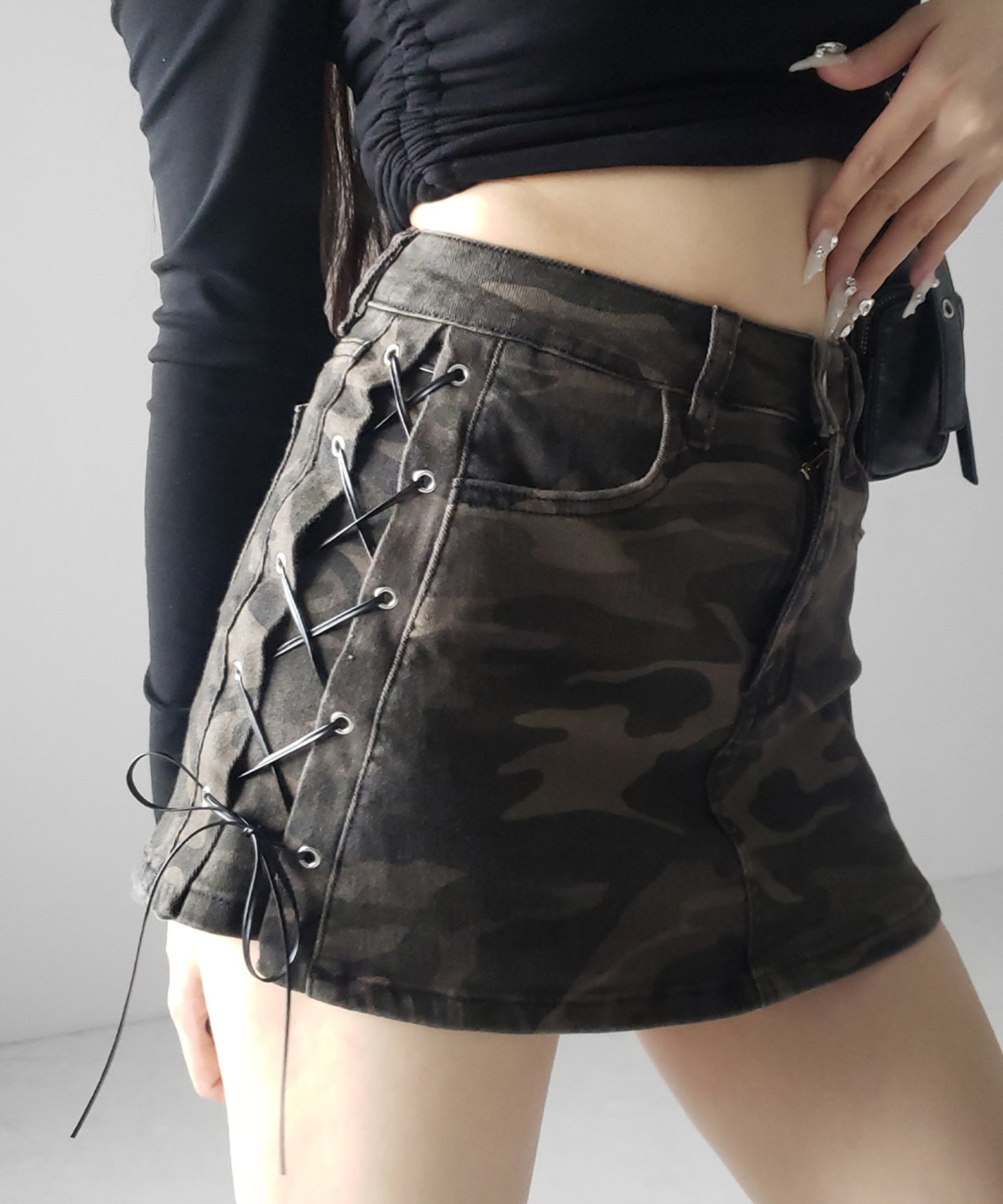 ヴィンテージカモフラレースアップデニムミニスカパン / vintage camouflage lace up denim mini skirt pants