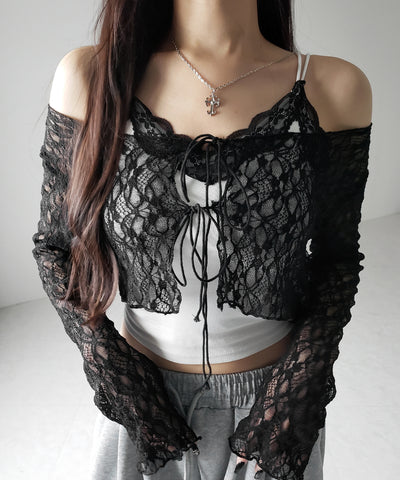 ダブルストラップリボンショートレースカーディガン /double strap ribbon short lace cardigan