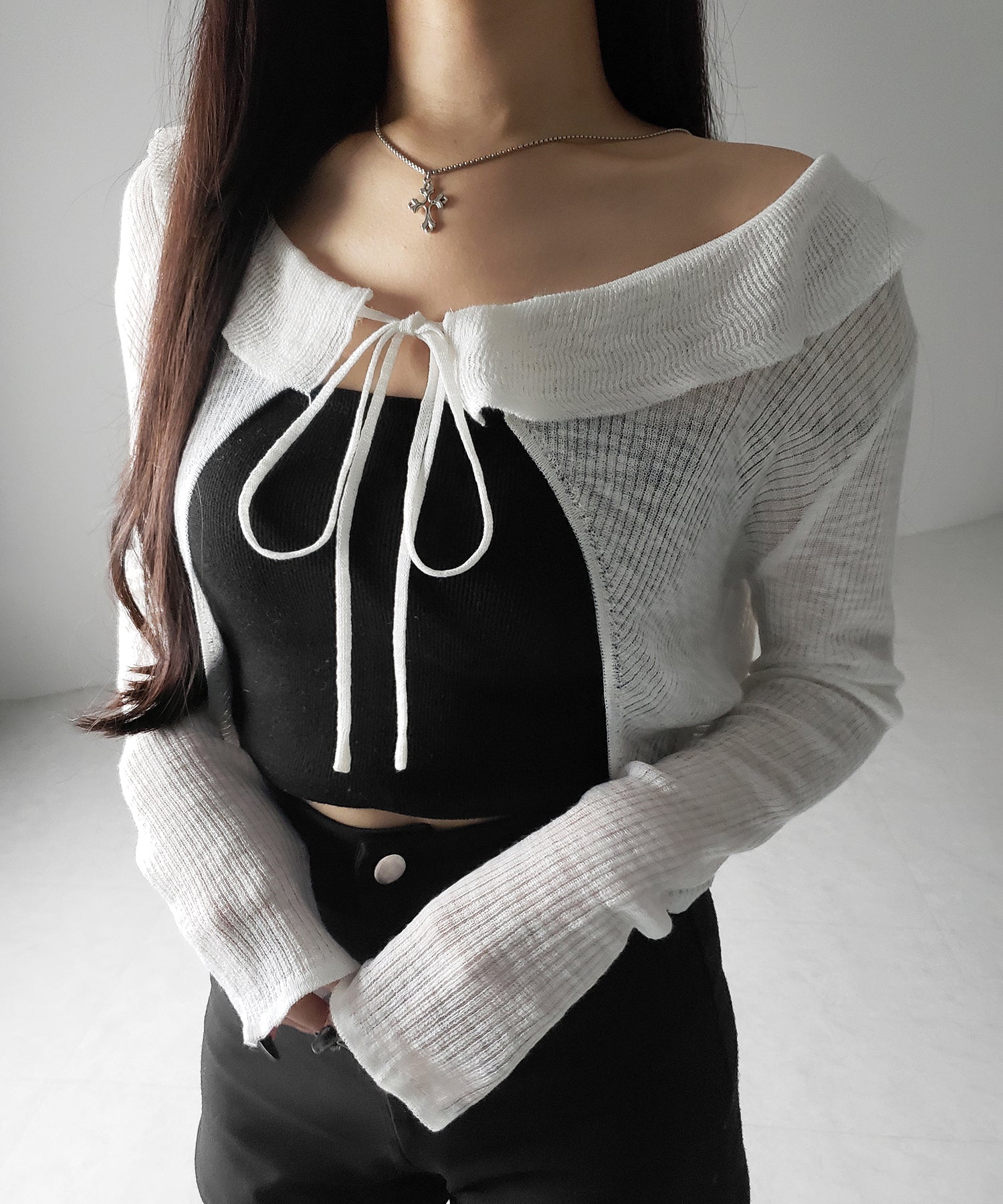 【 2color 】襟付きフロントリボンシアーニットショートカーディガン / collar front ribbon sheer knit short cardigan