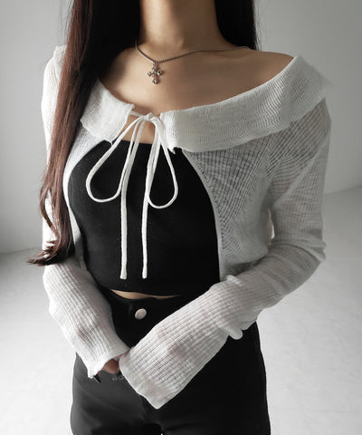 【 2color 】襟付きフロントリボンシアーニットショートカーディガン / collar front ribbon sheer knit short cardigan