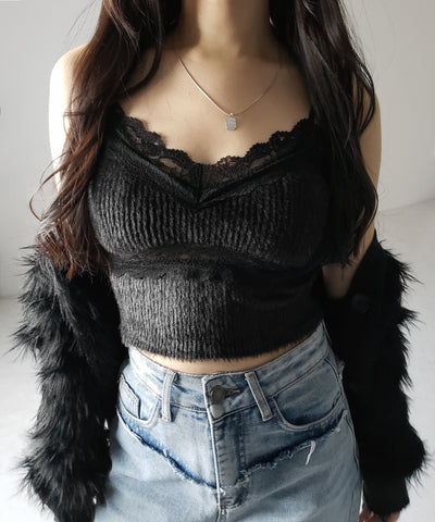 【 カップ付き 】ダブルレースシャギーファーショートビスチェキャミソール / double lace shaggy fur short bustier camisole
