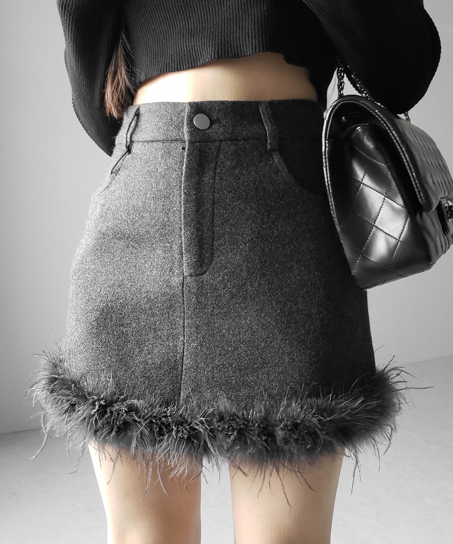 【 インナーパンツ裏地付 】ファードッキングウールライクレディミニスカート / fur docking woollike lady mini skirt