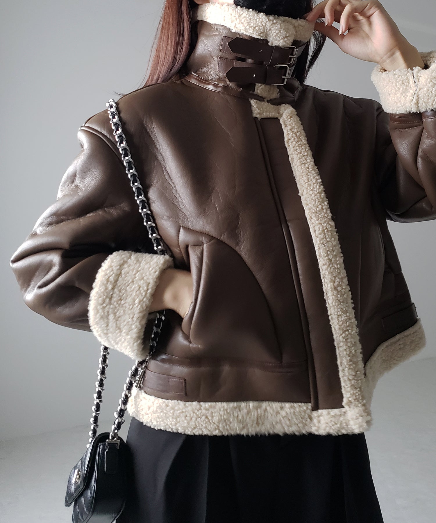 フェイクレザームートンB-3クロップドフライトジャケット