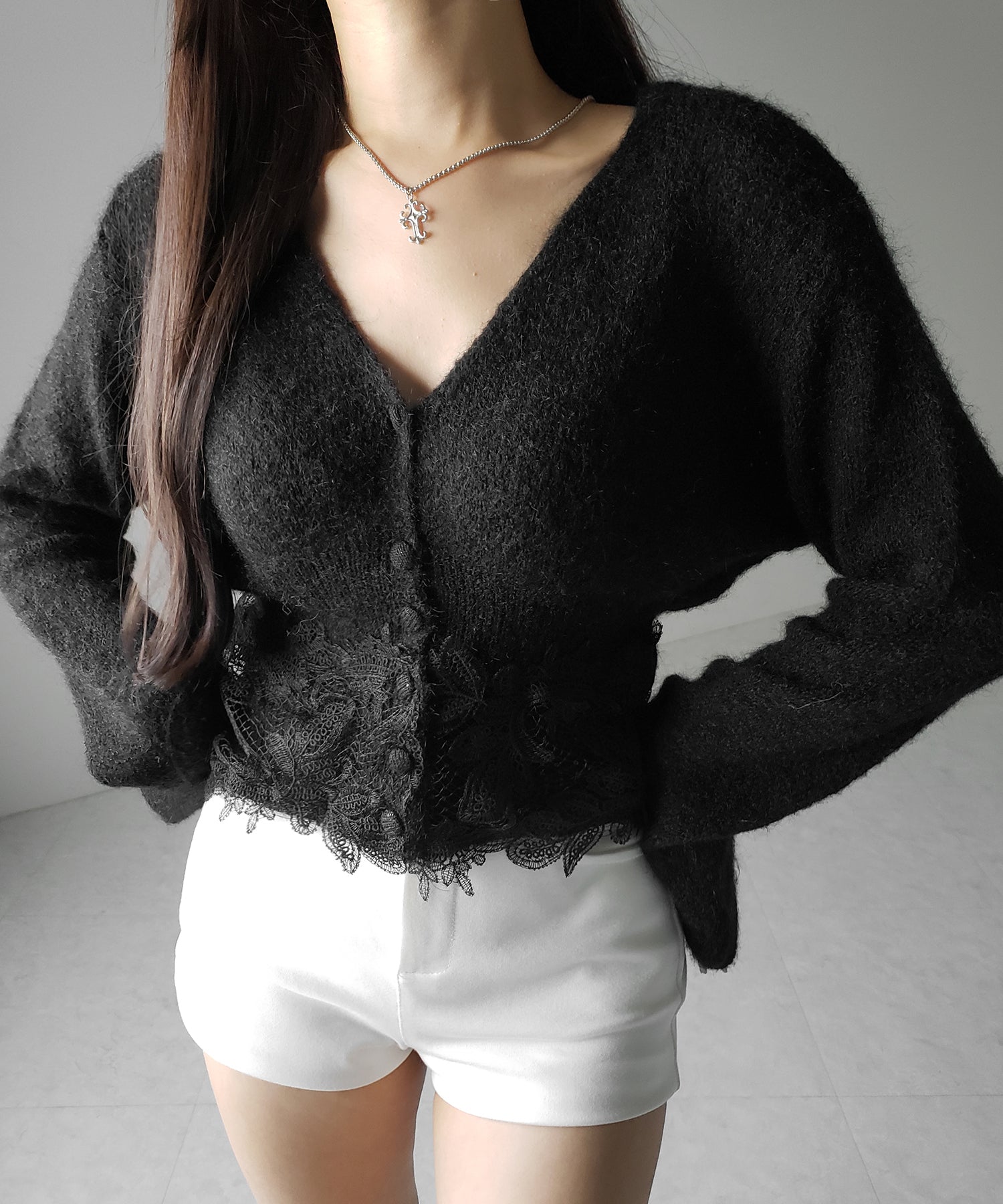 レースドッキングモヘアライクニットカーディガン / Lace docking mohair-like knit cardigan