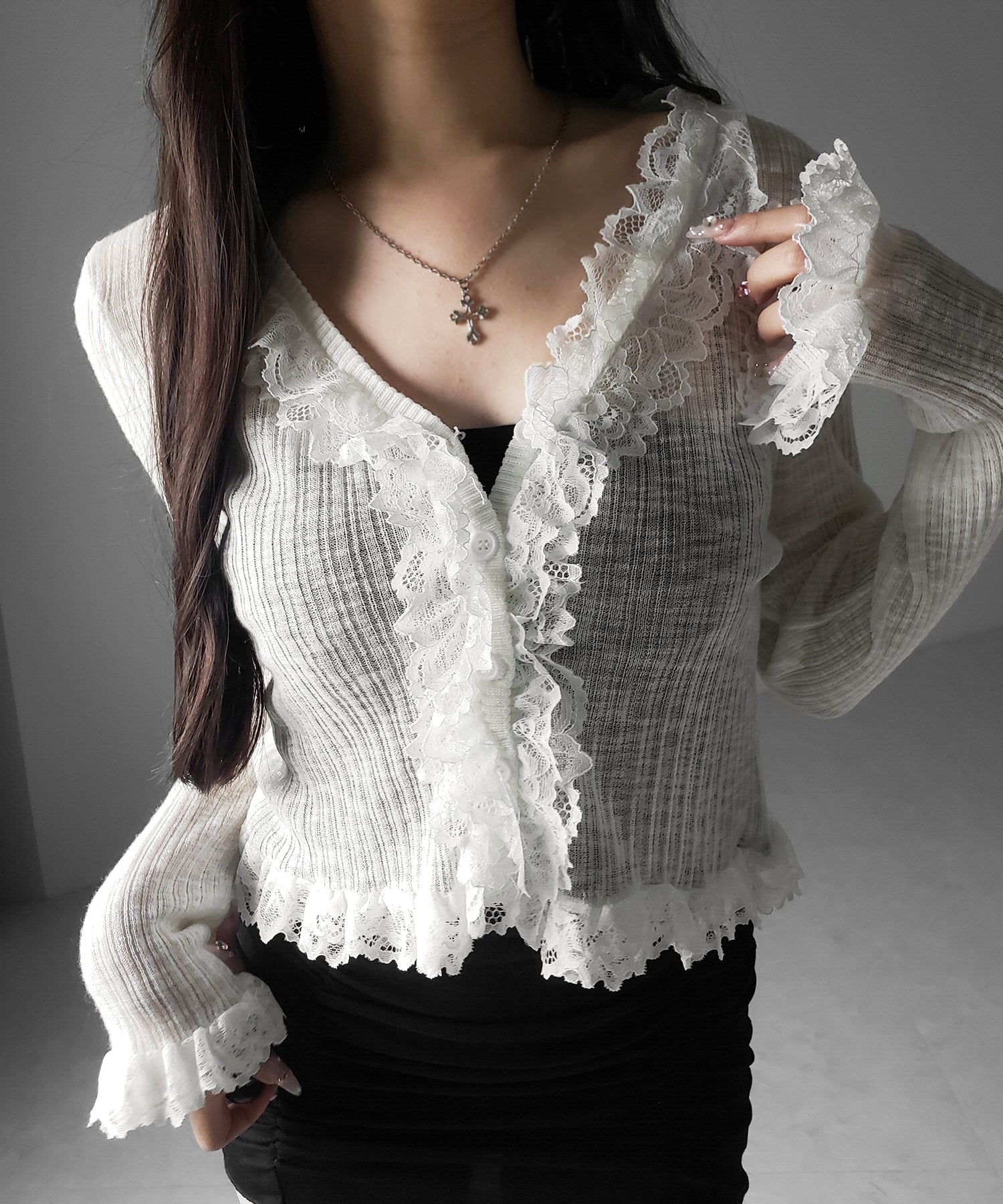 レースフリルシアーニットカーディガン / lace frill sheer knit cardigan