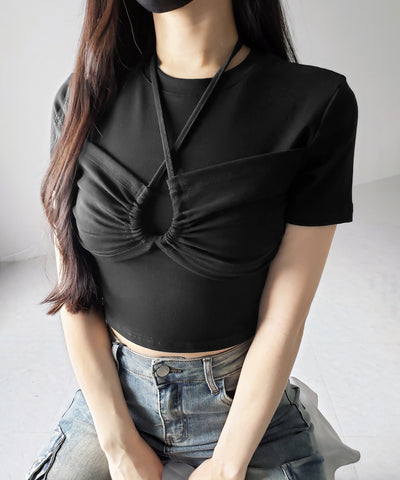 クロスネックレイヤードシャーリングTシャツ / cross neck layered shirring T-shirt