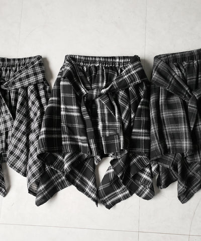【 選べる2素材/インナーパンツ裏地付 】シャツレイヤードチェックミニスカート / shirt layered check mini skirt