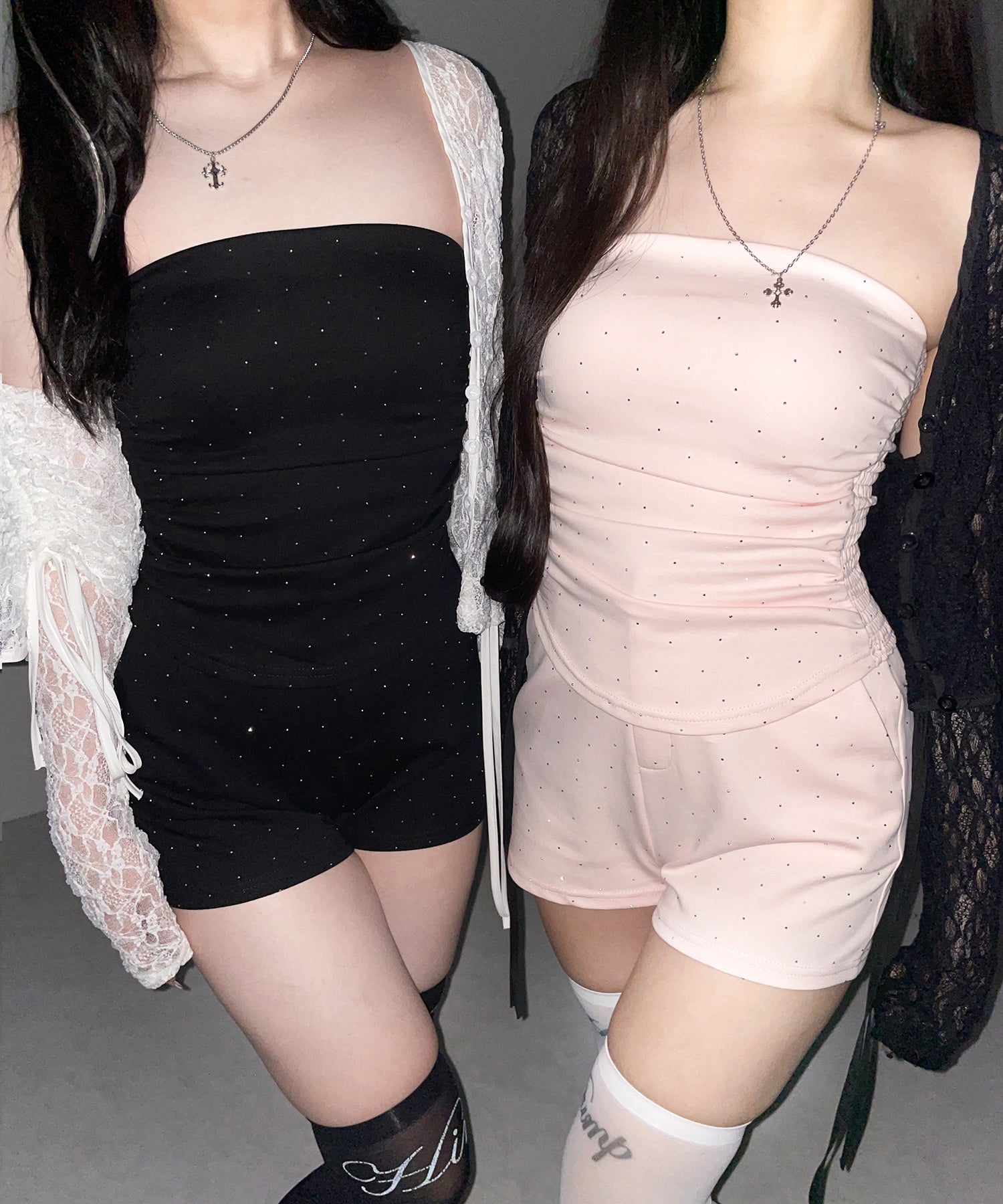 【 セットアップ 】ラインストーンベアトップ+ハイウエストショートパンツ SET / 【 SETUP 】Rhinestone bare tops + high waist short pants SET