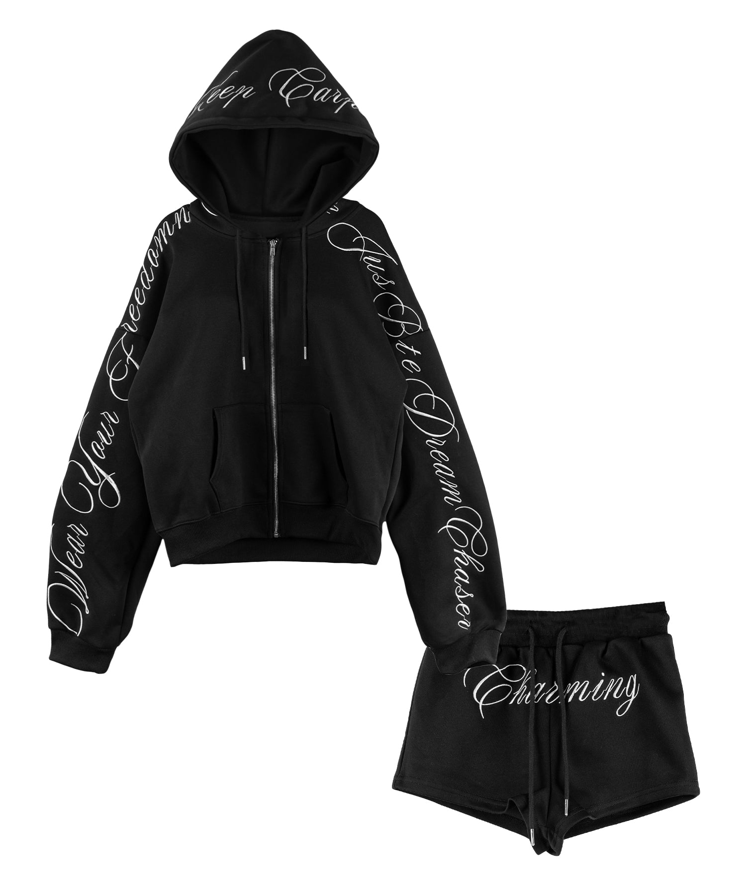 【 セットアップ 】レタリングロゴ刺繍ジップアップパーカー&ショートパンツ / lettering logo embroidery zip-up hoodie & short pants SETUP