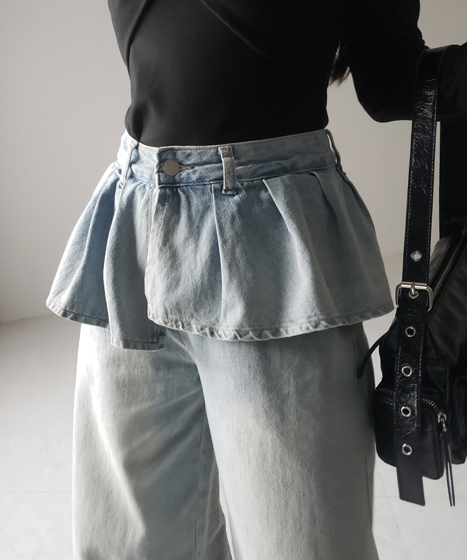 【 2color / 4size 】フリルドッキングレイヤードヴィンテージワイドデニム / frll docking layered vintage wide denim