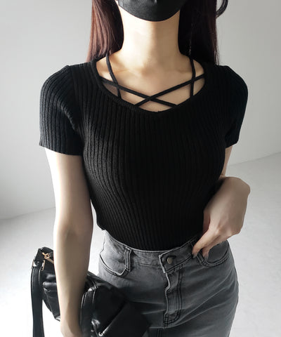 半袖クロスラインストラップデザインリブニット