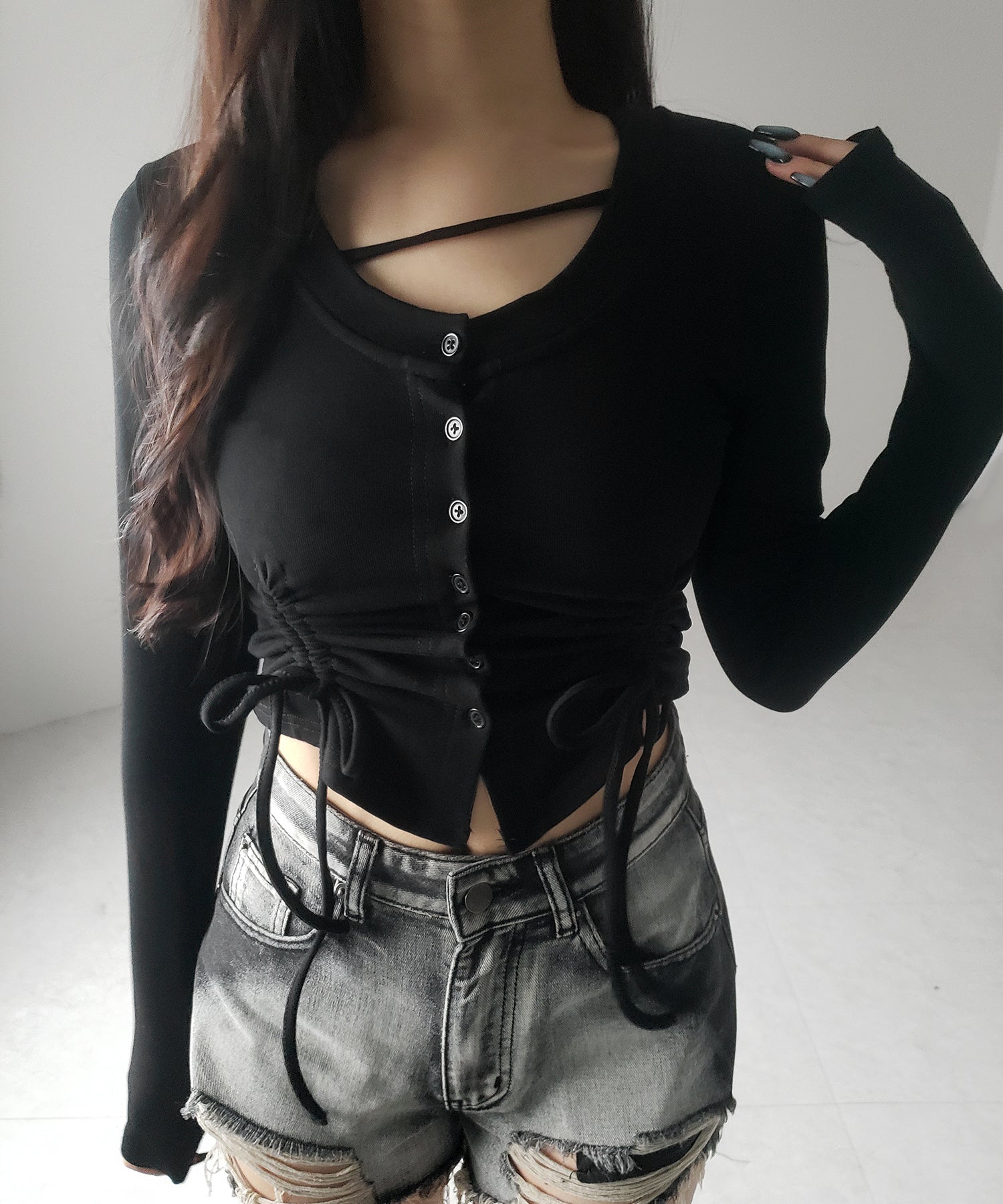 【 2color / 裏起毛 】ナナメストラップダブルシャーリングリボントップス / naname strap double shirring ribbon tops