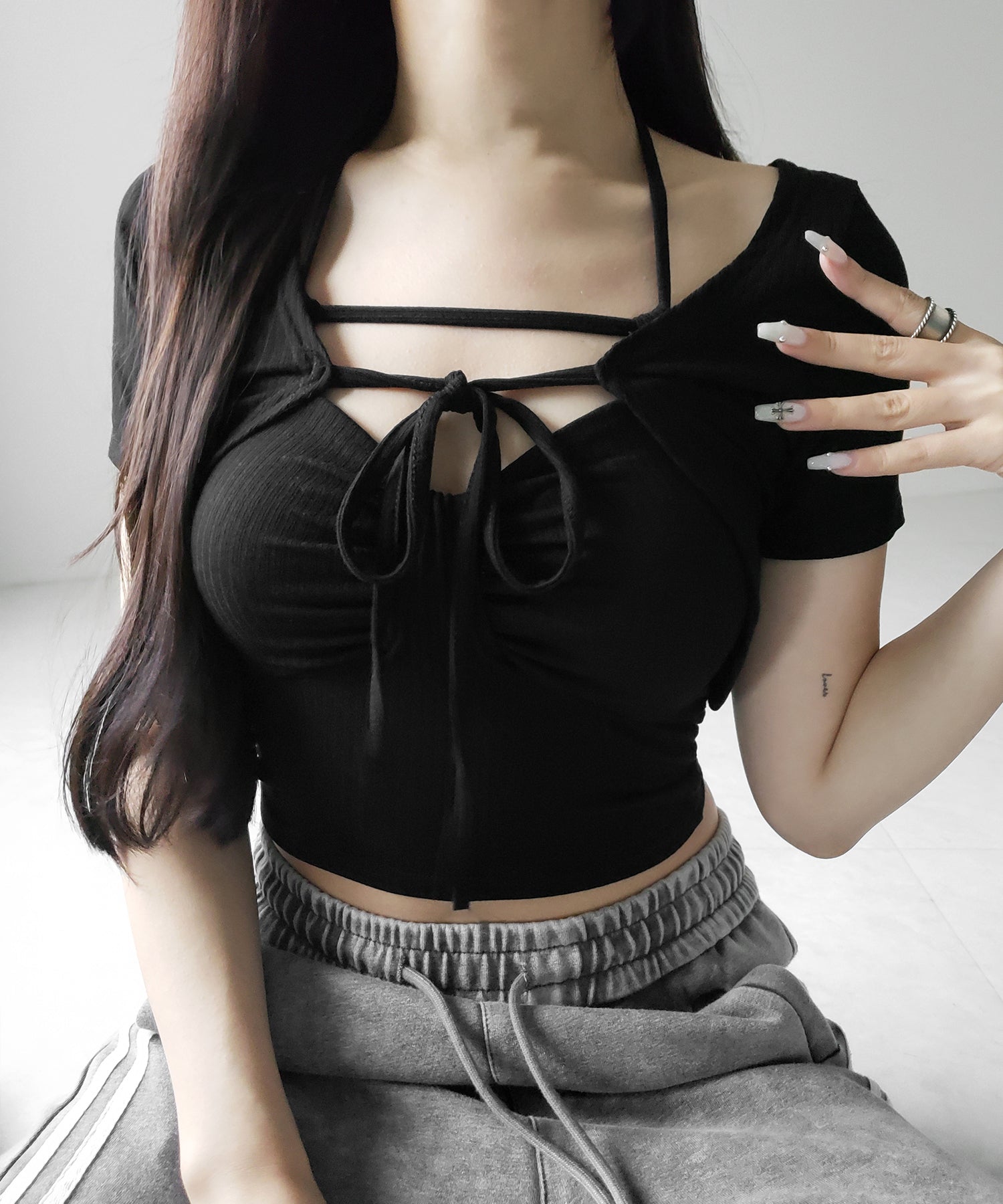【 2点セット 】 2WAYストラップリブキャミソール + フロントリボンショートカーディガン SET / 2WAY strap lib camisole + front ribbon short cardigan