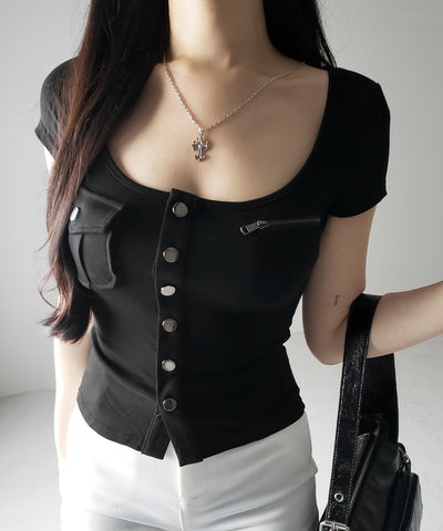 アウトポケットスクエアネックスリムTシャツ /Out pocket square neck slim T-shirt