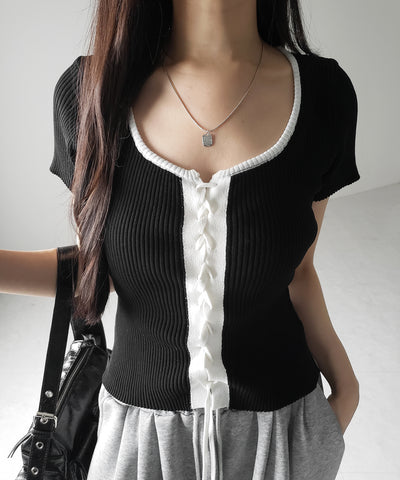 半袖レースアップスリムニットトップス / short-sleeve lace up slim knit tops