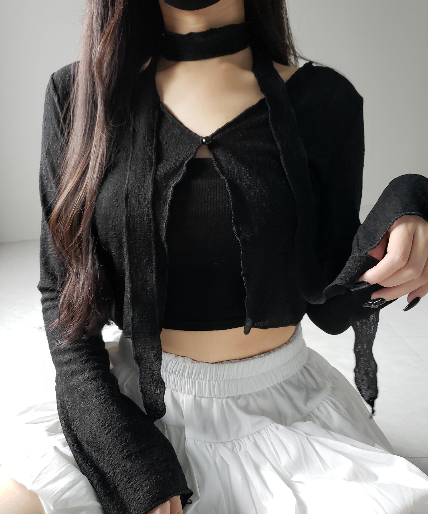 【 2color / 2WAY 】チョーカーロングタイ付きショートシアーカーディガン / choker long tie set short sheer cardigan