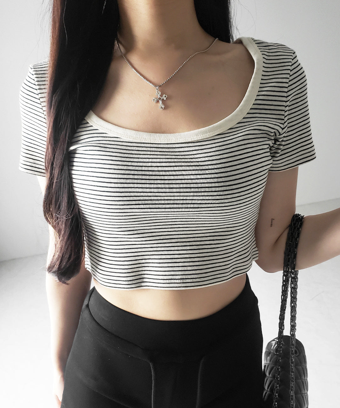 ピンボーダースクエアネックショートTシャツ / pin border square neck short T-shirt