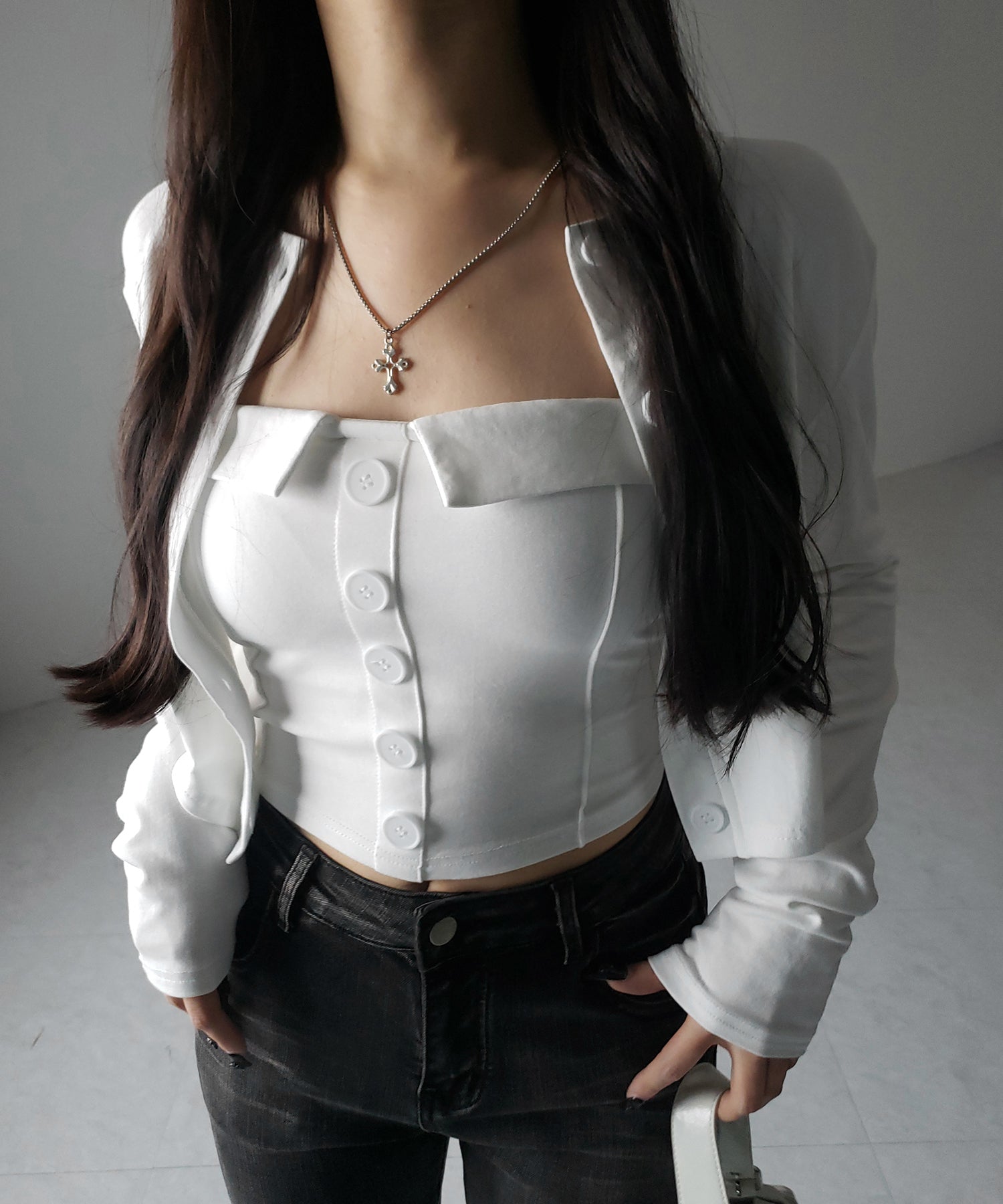 【 2点セット 】フロントボタンベアトップ + クロップドカットソーカーディガン SET / front button bare top + cropped cutsaw cardigan SET
