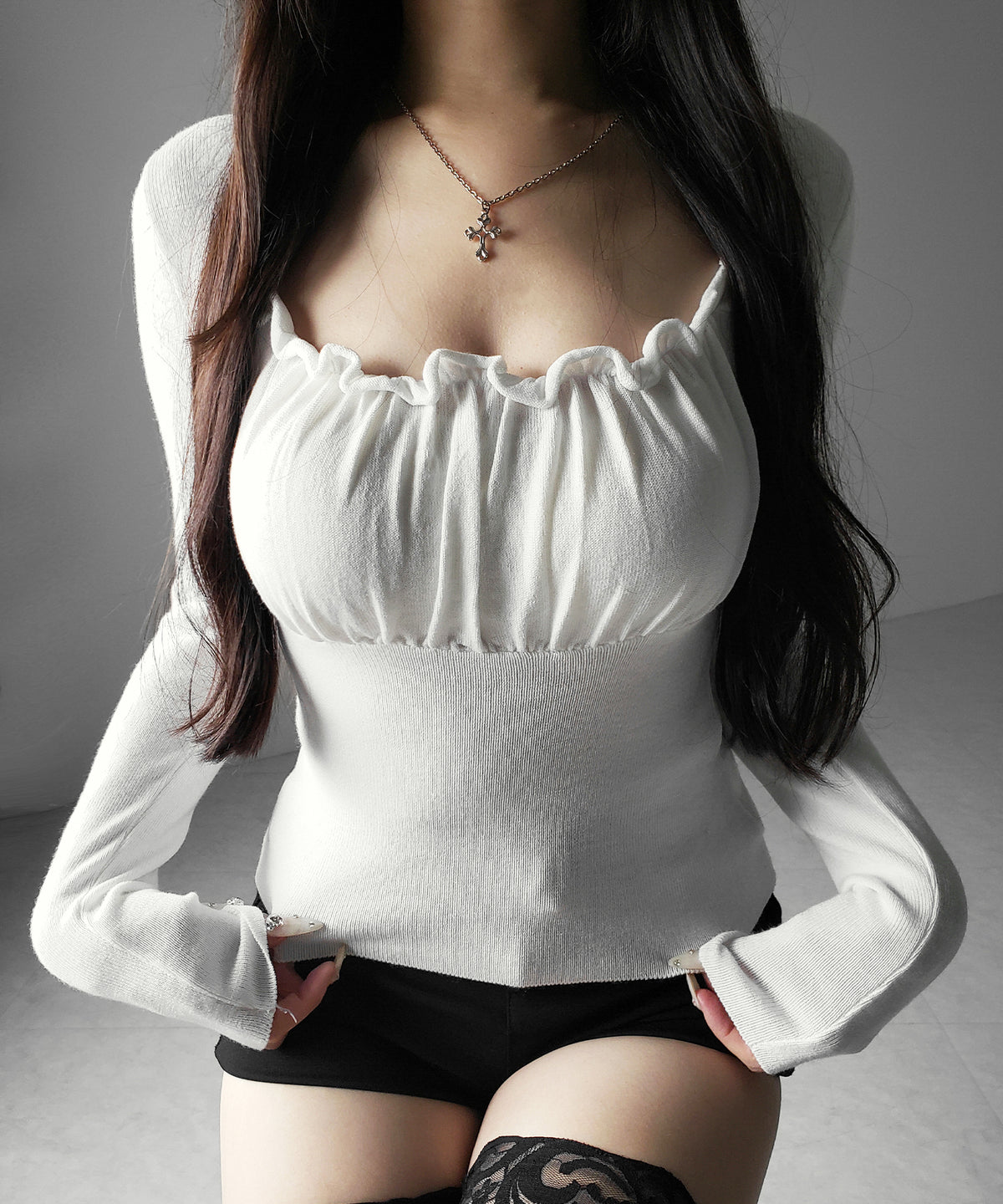 フリルギャザースクエアネック長袖ニットトップス / frill gather square neck longsleeve knit tops