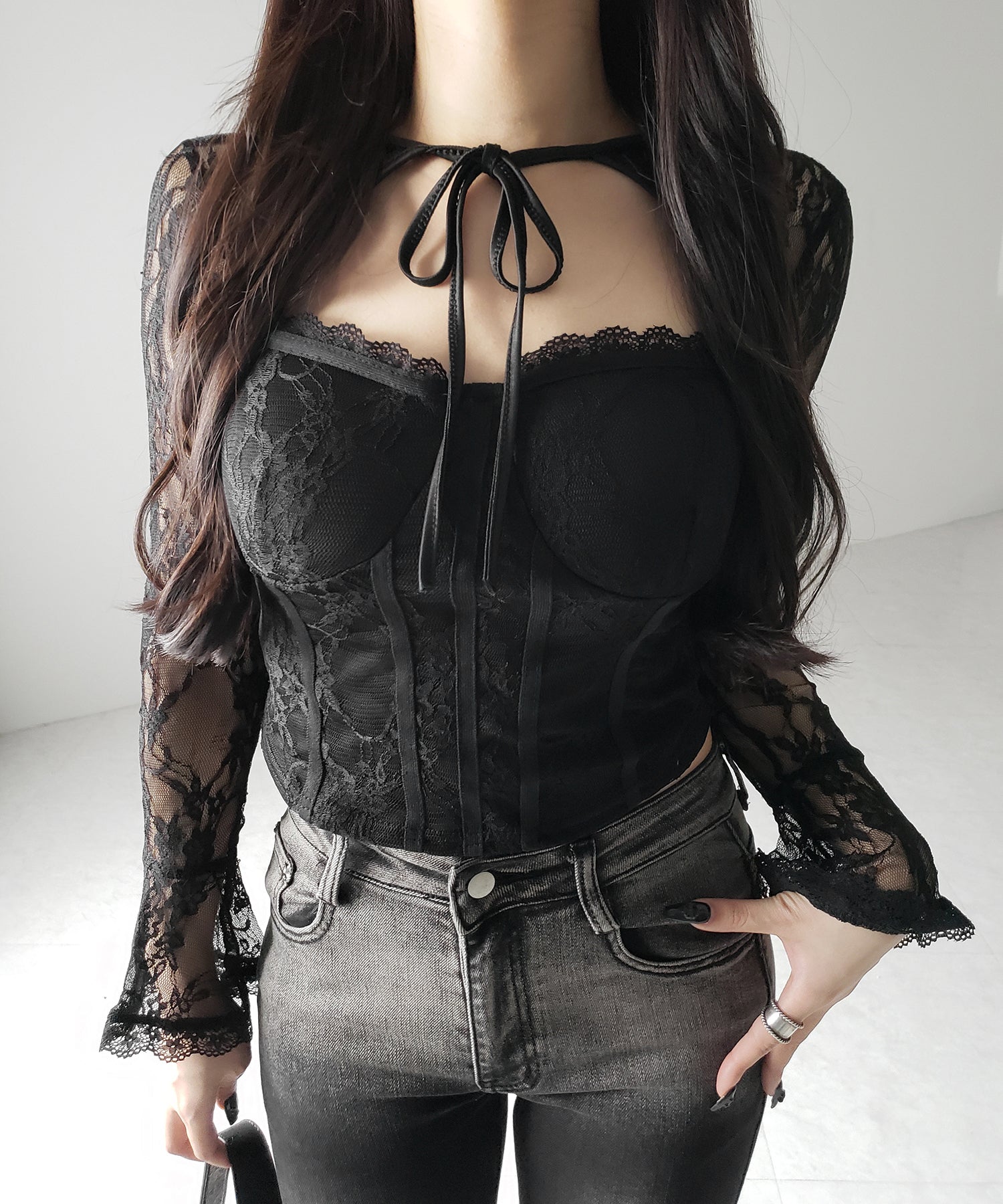 【 2color 】チョーカーネックリボンコルセットレーストップス / choker neck ribbon corset lace tops