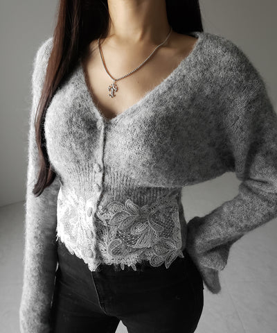 レースドッキングモヘアライクニットカーディガン / Lace docking mohair-like knit cardigan